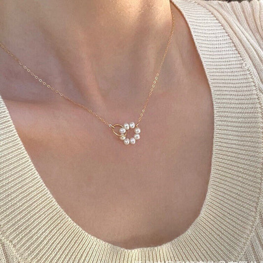 Pearl Flower Necklace, Pearl Ring Necklace, Natural Freshwater Necklace, Interlock Ring Necklace, Dainty Pearl Necklace, Bridal Necklace