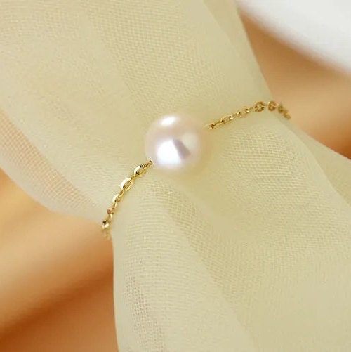 Tiny Pearl Chain Ring, 18K Gold Chain Ring, Dainty Pearl Ring, FreshWater Pearls Ring, Natural Pearl Chain Ring, Dainty Chain, Gift Ring