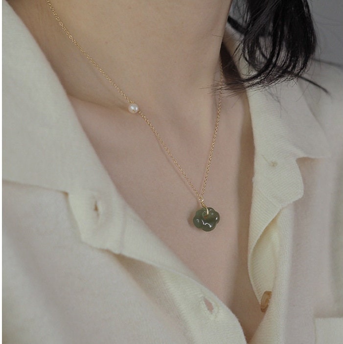 Natural jade Necklace, Jade Necklace with Pearl, Vintage Jade Necklace, Hetian Pendant Necklace, Dainty Jade Necklace, Genuine Nephrite, Jade Lock Lucky jade