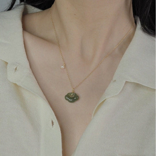 Natural jade Necklace, Jade Necklace with Pearl, Vintage Jade Necklace, Hetian Pendant Necklace, Dainty Jade Necklace, Lucky Jade Lock