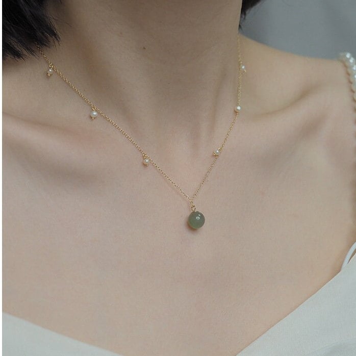 Natural Jade Pendant Necklace, Hetian Jade Choker, Light Green Jade with Pearl, Jade Pearl Necklace, Dainty Jade Necklace, Lucky Jade Gift, Multi stone necklace