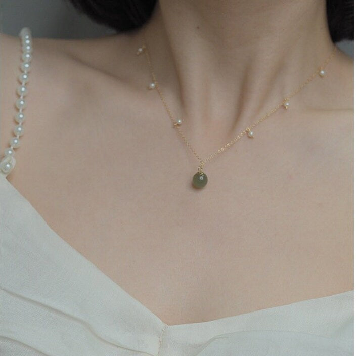 Natural Jade Pendant Necklace, Hetian Jade Choker, Light Green Jade with Pearl, Jade Pearl Necklace, Dainty Jade Necklace, Lucky Jade Gift, Multi stone necklace