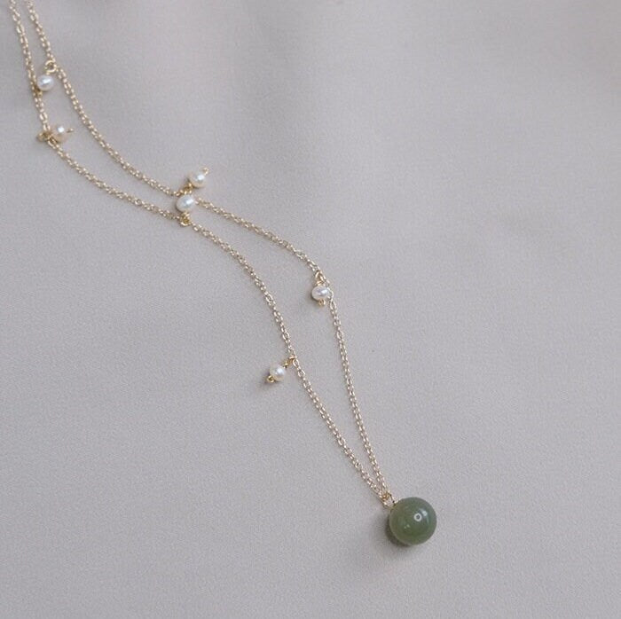 Natural Jade Pendant Necklace, Hetian Jade Choker, Light Green Jade with Pearl, Jade Pearl Necklace, Dainty Jade Necklace, Lucky Jade Gift, Multi stone necklace