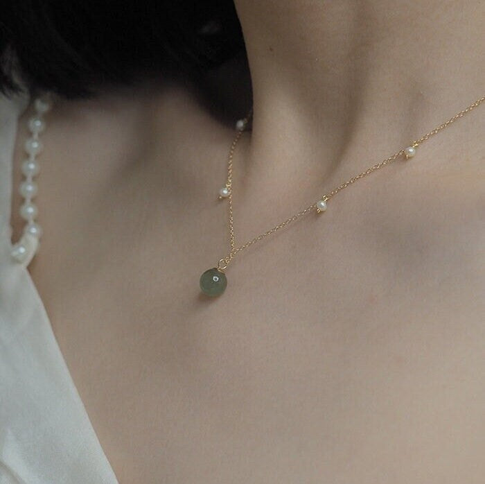 Natural Jade Pendant Necklace, Hetian Jade Choker, Light Green Jade with Pearl, Jade Pearl Necklace, Dainty Jade Necklace, Lucky Jade Gift