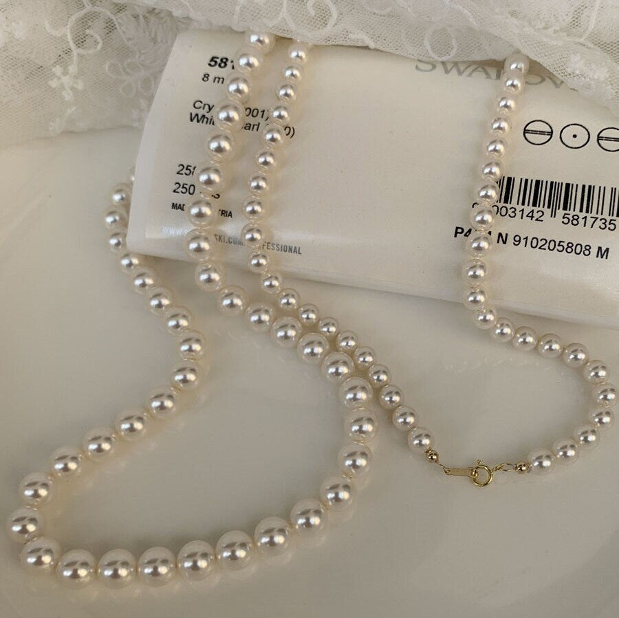 Beaded Pearl Necklace, large Pearls Necklace, Swarovski Pearl Necklace, Bridal Necklace Gift, Wedding Necklace, 6mm 8mm Pearl Necklace