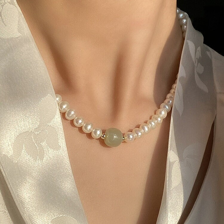 Natural Pearl Necklace with Jade, Freshwater Pearl Beaded Necklace, Gift for Her, Mother's Day Gift, Gift for Mom, Elegant Jade Pendant