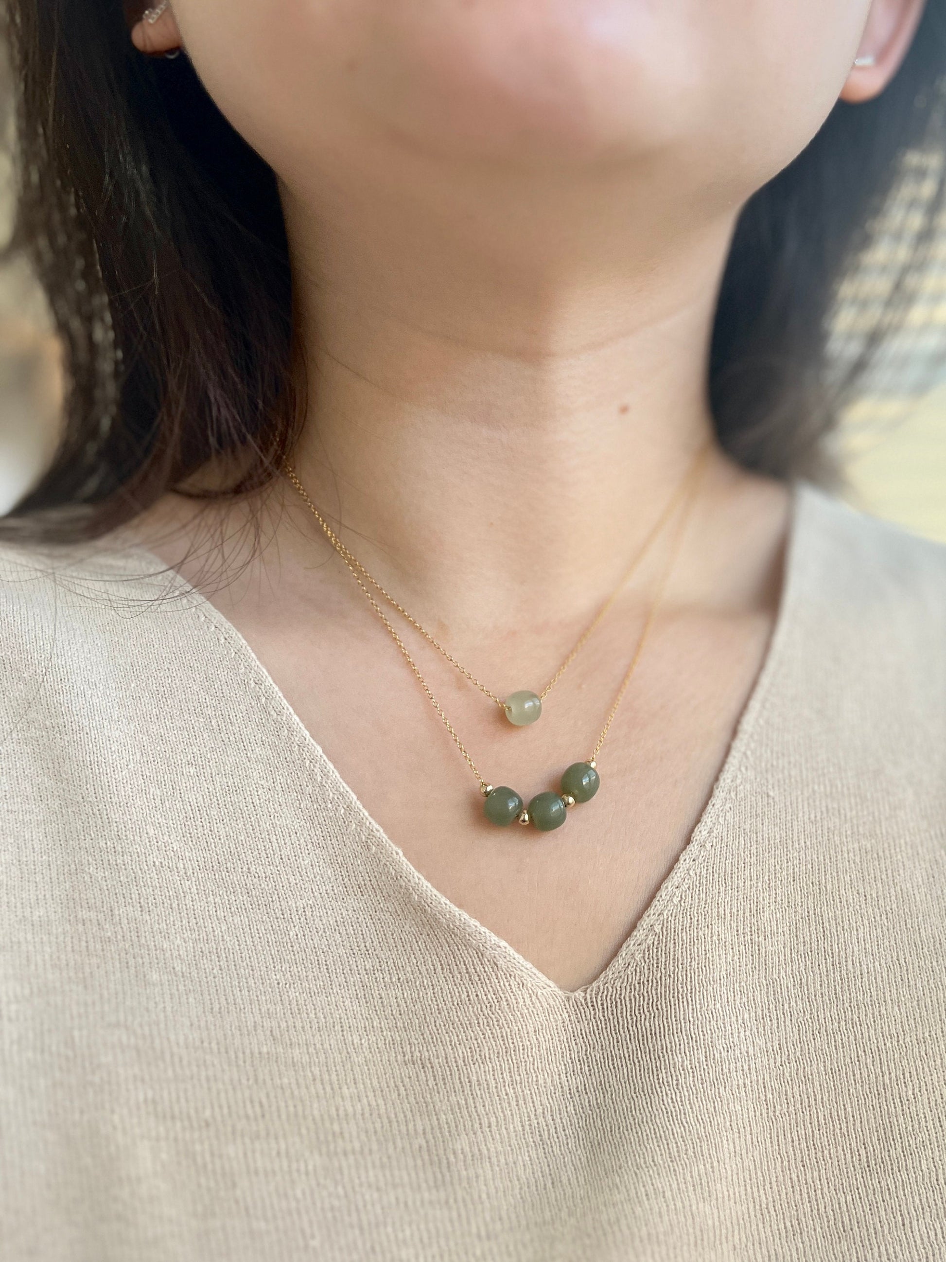 Minimalist Natural Hetian Jade Necklace, 1 Bead Dainty Choker, Dainty Jade Necklace, Nephrite Necklace, 3 Beads Necklace, Light Green Jade