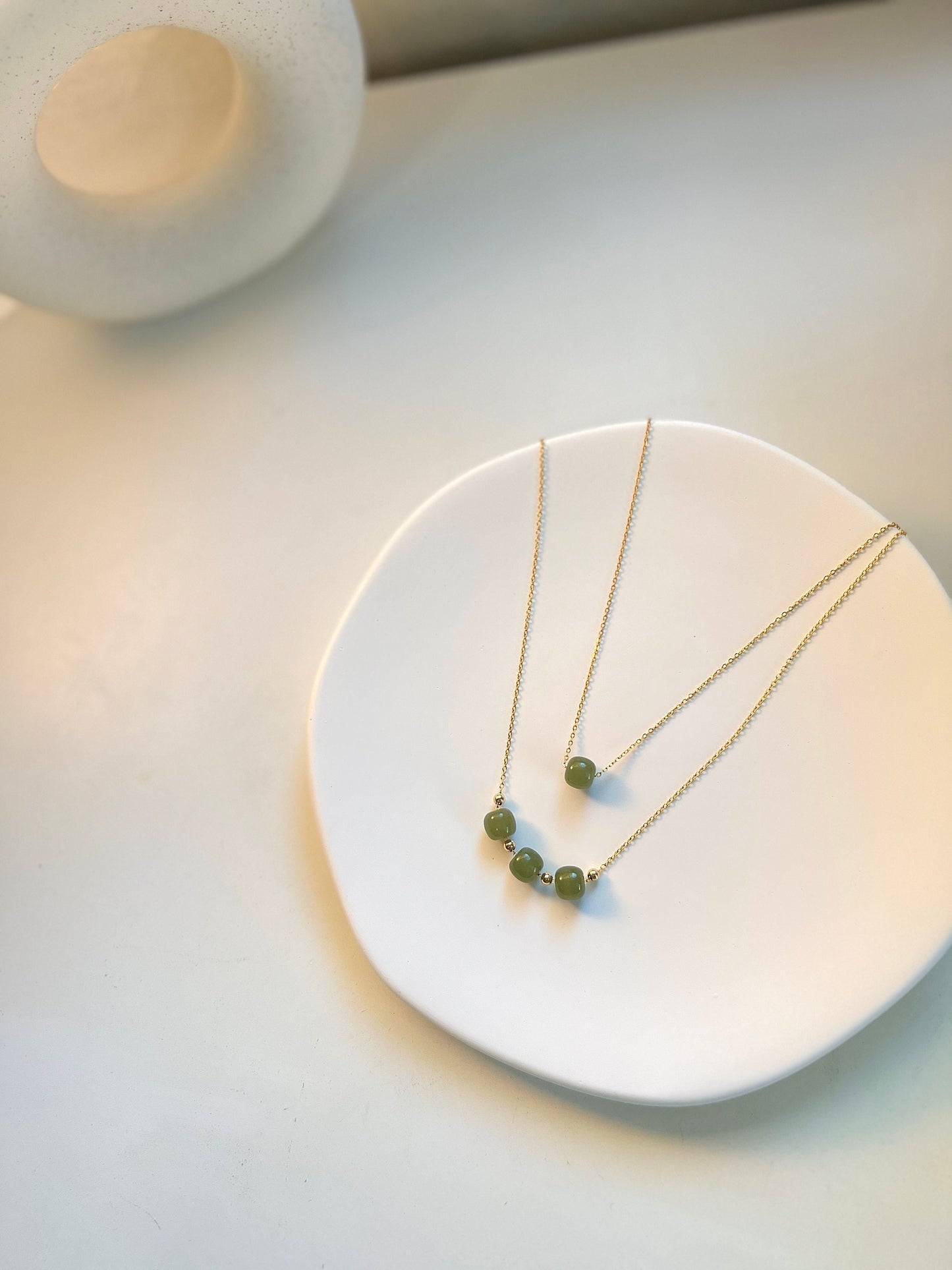 Minimalist Natural Hetian Jade Necklace, 1 Bead Dainty Choker, Dainty Jade Necklace, Nephrite Necklace, 3 Beads Necklace, Light Green Jade