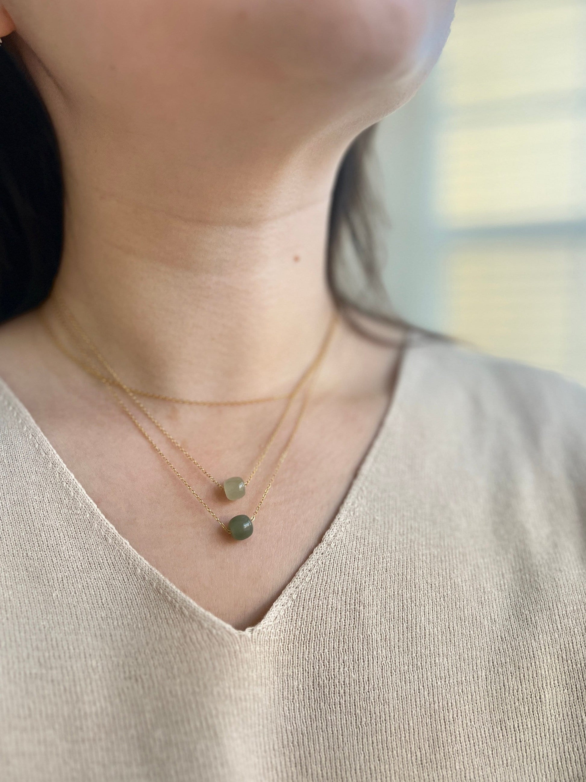 Minimalist Natural Hetian Jade Necklace, 1 Bead Dainty Choker, Dainty Jade Necklace, Nephrite Necklace, 3 Beads Necklace, Light Green Jade