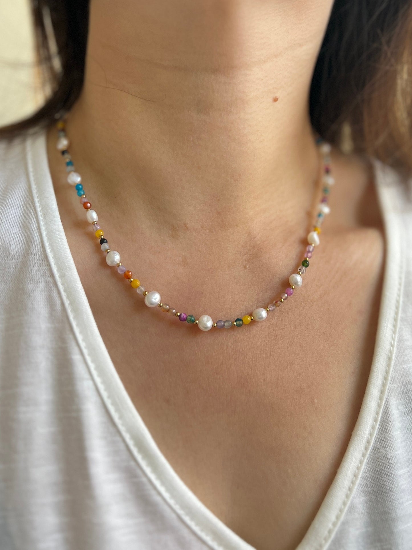 Natural Pearl Beaded Necklace, Colorful Necklace, Hippie Necklace, Dainty Necklace, Freshwater pearl Necklace, Natural Stone Beaded Necklace