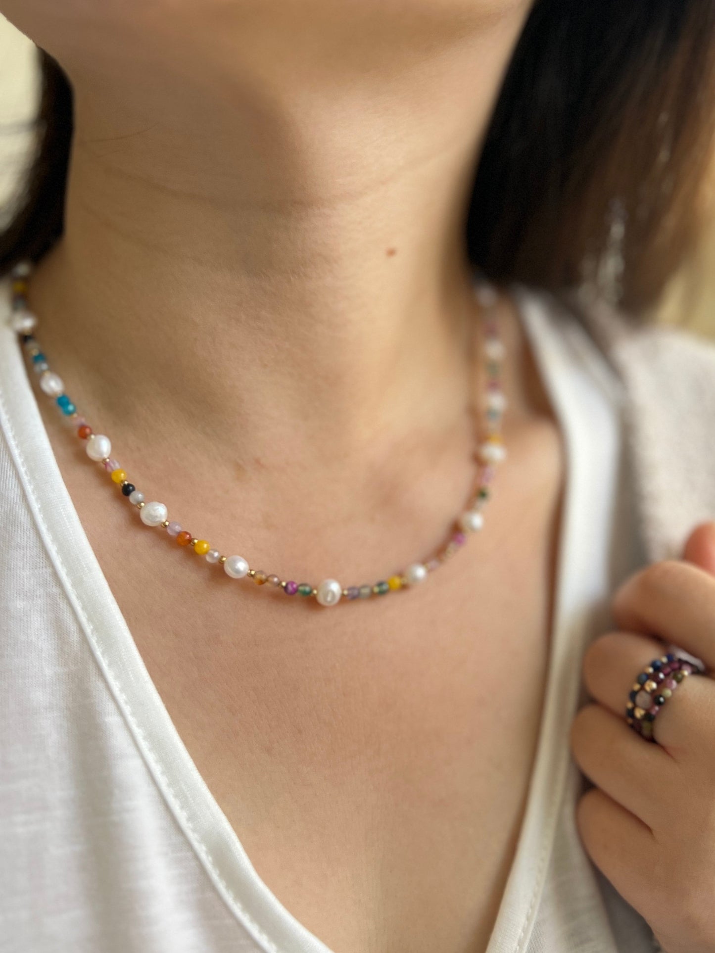 Natural Pearl Beaded Necklace, Colorful Necklace, Hippie Necklace, Dainty Necklace, Freshwater pearl Necklace, Natural Stone Beaded Necklace