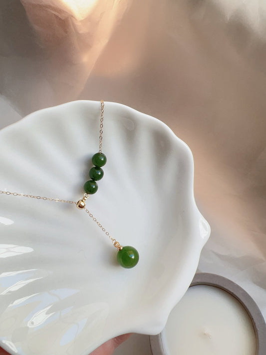 Natural Hetian Jade Necklace, Jade Bead Necklace, Dainty Necklace, Nephrite Necklace, Green Beads Necklace, Lariat Necklace, Y Necklace