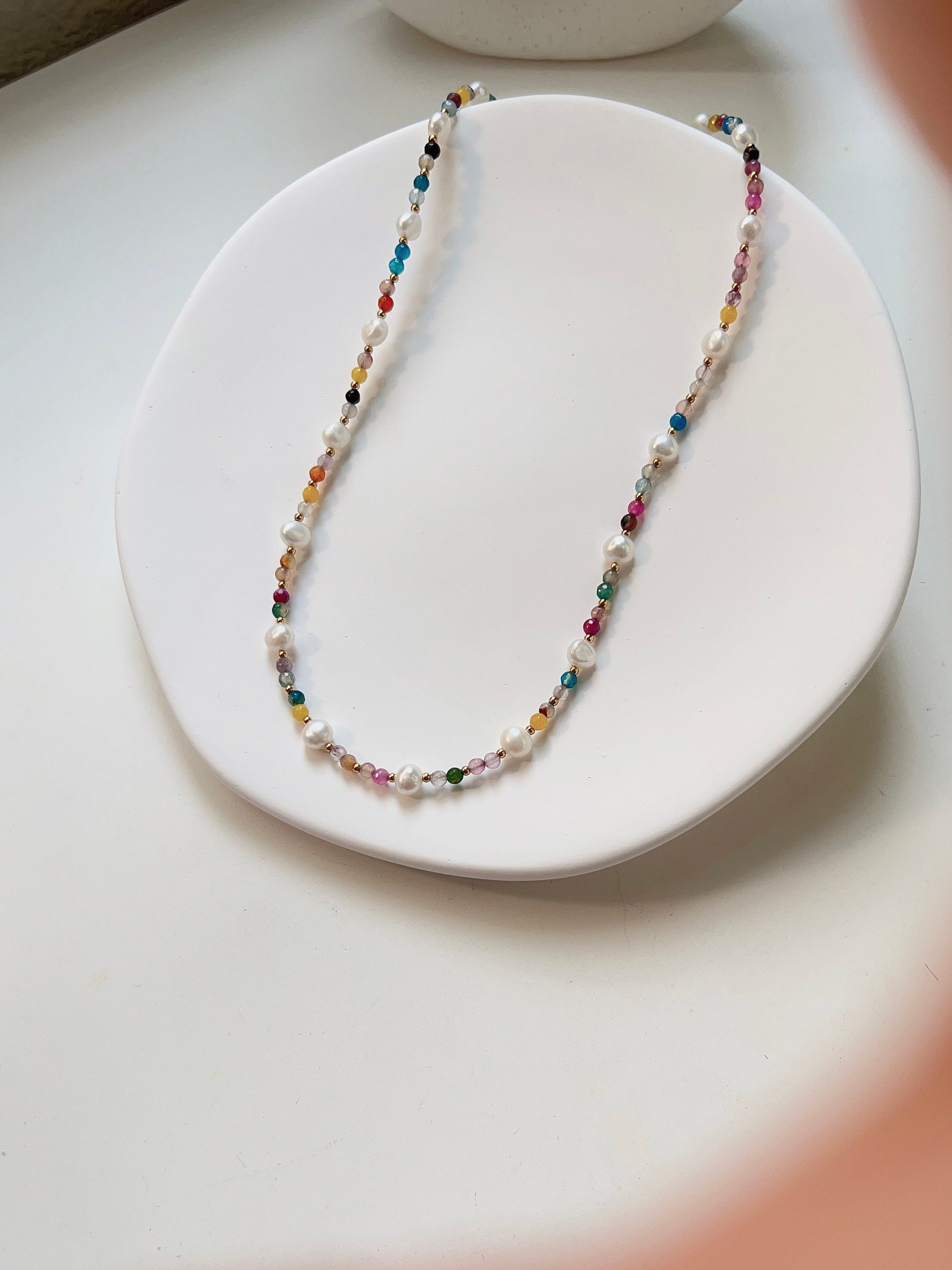 Natural Pearl Beaded Necklace, Colorful Necklace, Hippie Necklace, Dainty Necklace, Freshwater pearl Necklace, Natural Stone Beaded Necklace