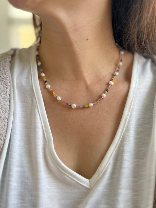 Natural Pearl Beaded Necklace, Colorful Necklace, Hippie Necklace, Dainty Necklace, Freshwater pearl Necklace, Natural Stone Beaded Necklace