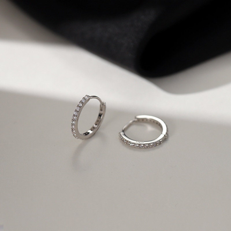 Diamond Huggie Hoop, Tiny Diamond Hoop, Small Huggie Hoop Earring, 8mm 13mm Diamond Hoop, Hoop Earrings, S999 Silver Earrings, Zircon Hoop