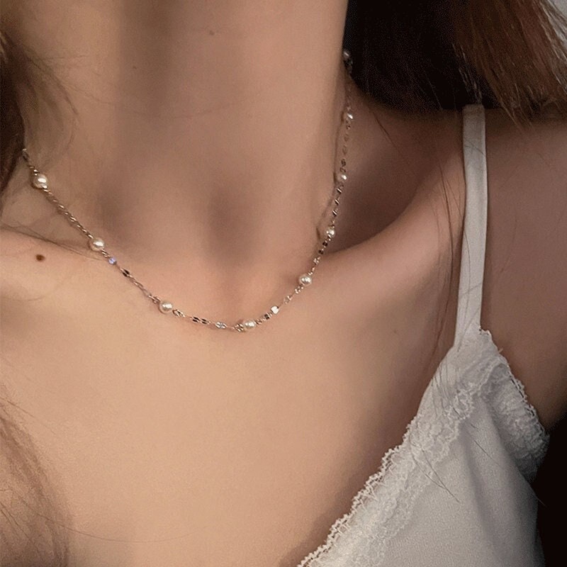 Natural Shell Pearls Necklace, S925 Sterling Silver Chain, Small Pearl Necklace, Dainty Necklace, Tiny Pearl Necklace, Sparkle Silver Chain