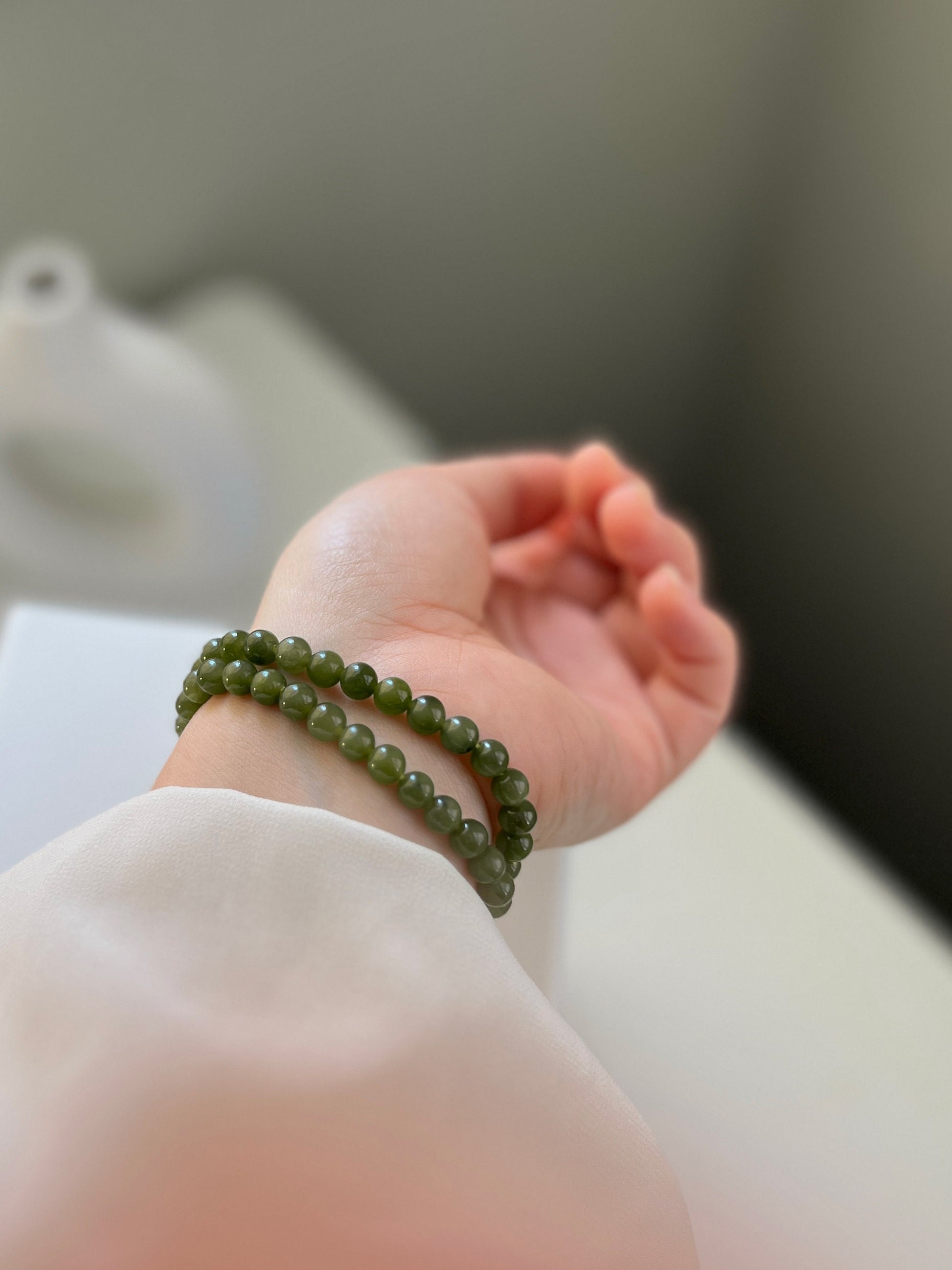 Natural Jade Bracelet, Jade Beaded Bracelet, Natural Hetian Bracelet, Genuine Nephrite Bracelet, Green Jade Bracelet, 6mm Beaded Gemstone 1