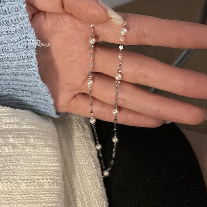 Freshwater Pearls Necklace, S925 Sterling Silver Chain, Small Pearl Necklace, Dainty Necklace, Tiny Natural Pearl, Sparkle Silver Necklace