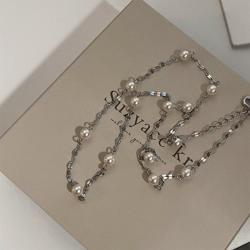 Freshwater Pearls Necklace, S925 Sterling Silver Chain, Small Pearl Necklace, Dainty Necklace, Tiny Natural Pearl, Sparkle Silver Necklace