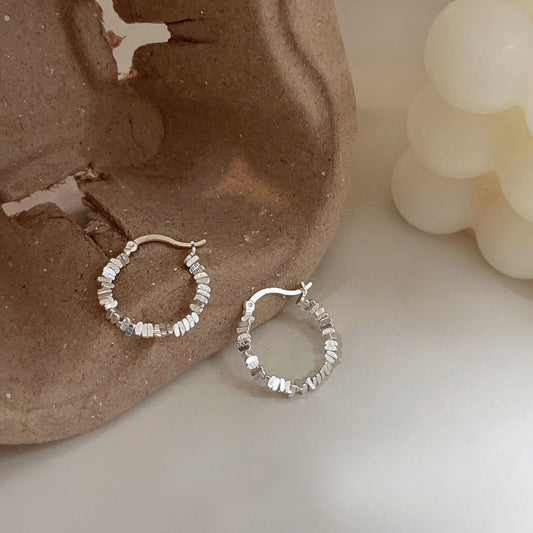 S925 Silver Hoop Earrings, Sparkling Earrings, Sterling Silver Earrings, Small Silver Cube Earrings, Beaded Hoop Earrings, Boho Earrings