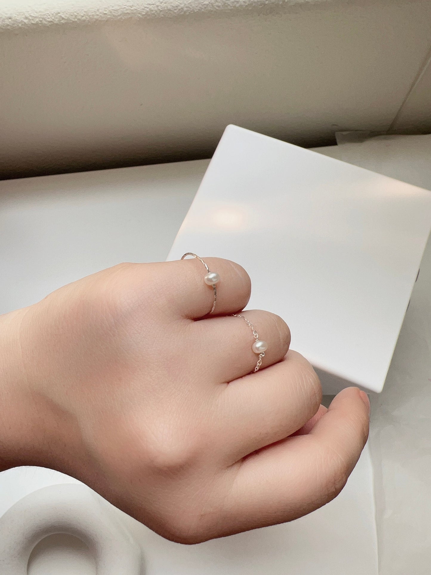 Freshwater Pearl Ring, Tiny Pearl Ring, Mini Pearl Chain Ring, S925 Sterling Silver Wire Ring, Gold Filled Chain Ring, Stackable Ring, G