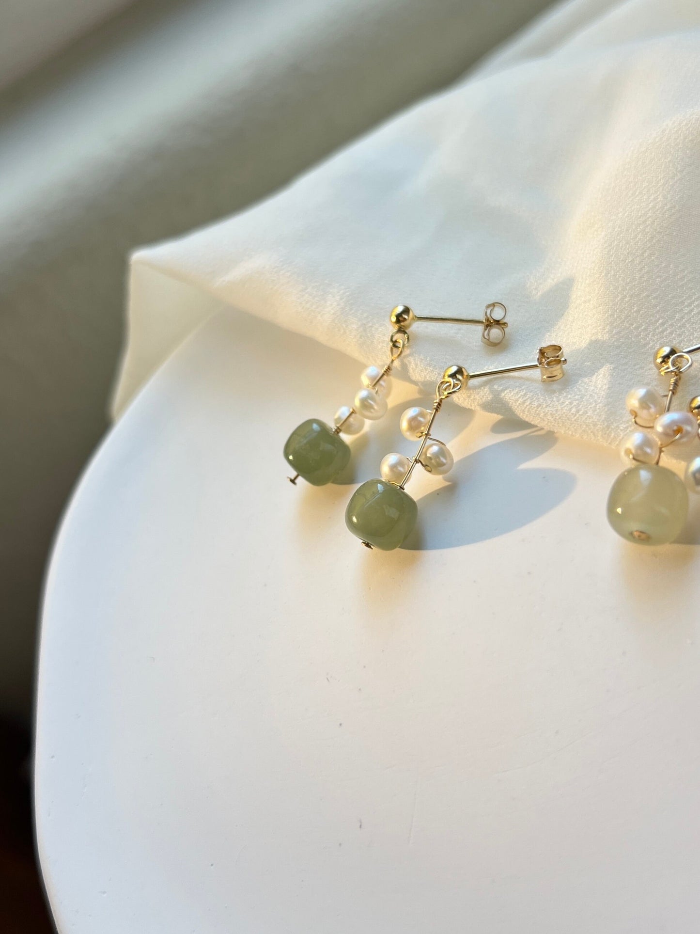 Natural Jade Earrings, Jade Pearl Earrings, Light Dark Green Nephrite Earrings with Clips-on or Pierced Option, Hetian Jade Bead Earring