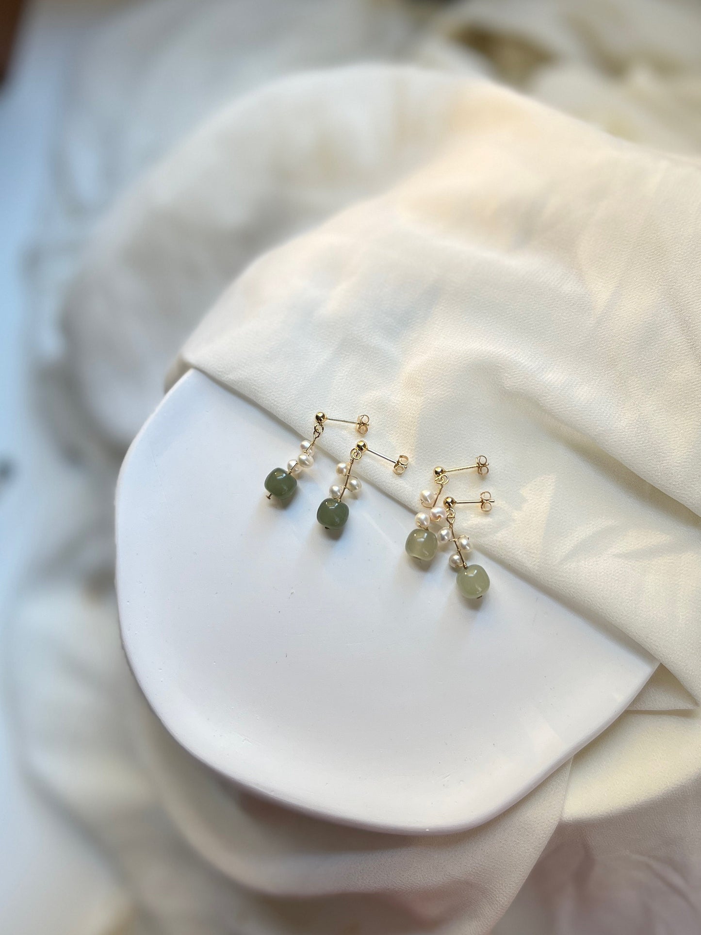 Natural Jade Earrings, Jade Pearl Earrings, Light Dark Green Nephrite Earrings with Clips-on or Pierced Option, Hetian Jade Bead Earring