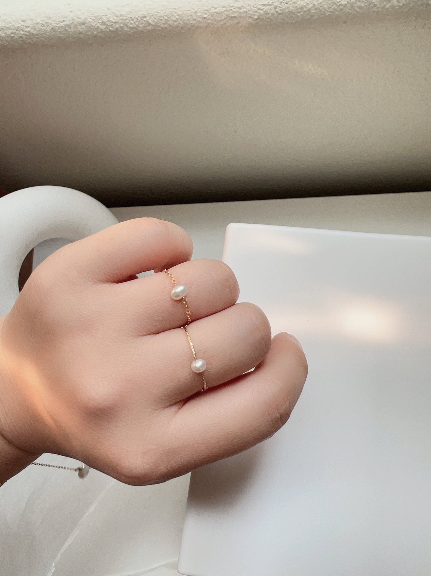 Freshwater Pearl Ring, Tiny Pearl Ring, Mini Pearl Chain Ring, S925 Sterling Silver Wire Ring, Gold Filled Chain Ring, Stackable Ring, G