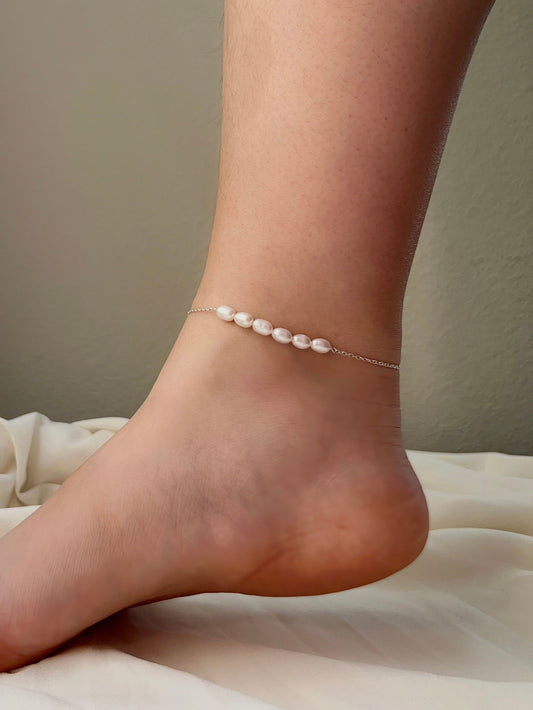 Natural Pearl Anklet, S925 Sterling Silver Anklet, Dainty Chain Anklets, Freshwater Pearl Anklet, Pearl Row Bar Anklet, Wedding Anklet