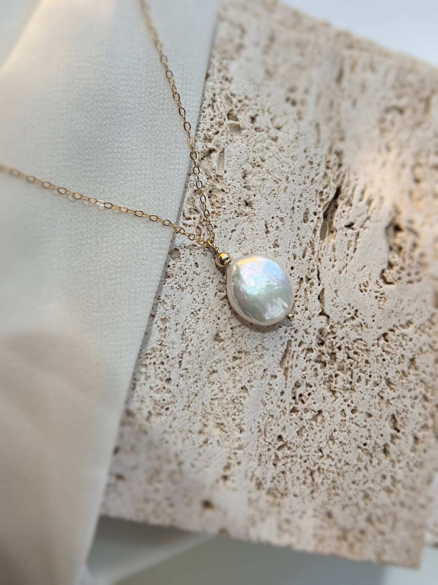 Flat Pearl Necklace, Coin Pearl Pendant Necklace, Single Pearl Necklace, Natural Fresh Water Pearl Necklace, Gold Filled Wedding Necklace