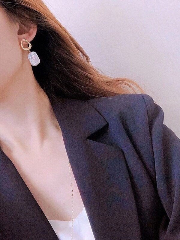 Baroque Pearl Earrings, Rectangle Pearl, Fresh Water Pearl Earrings, Natural Pearl Earrings, Flat Pearl Earrings, Large Square Earrings