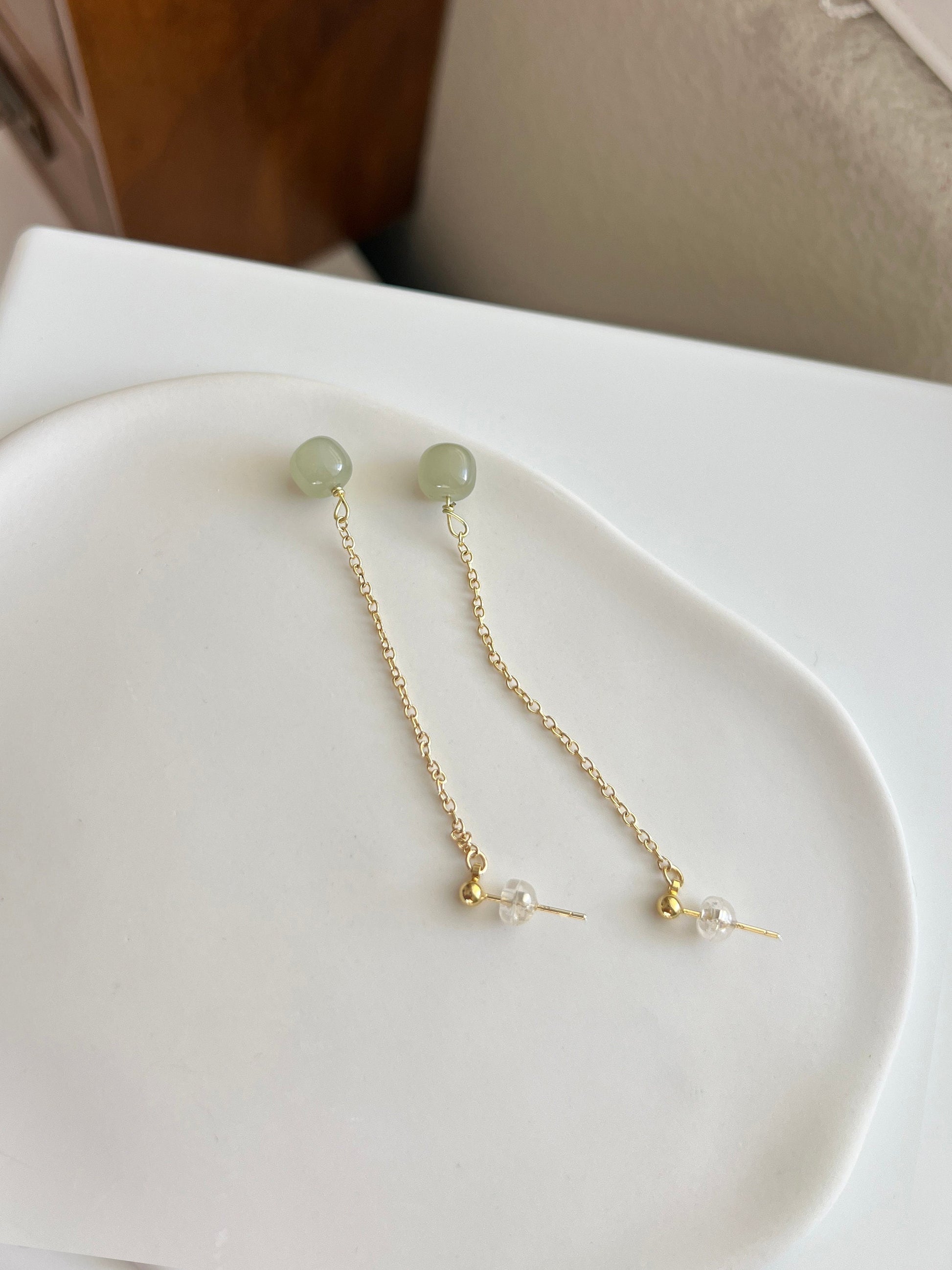 Long Drop Jade Earrings, Light Green Hetian Jade Earring, Long Tassel Earring, Genuine Light Green Nephrite Earrings, Light Green Jade