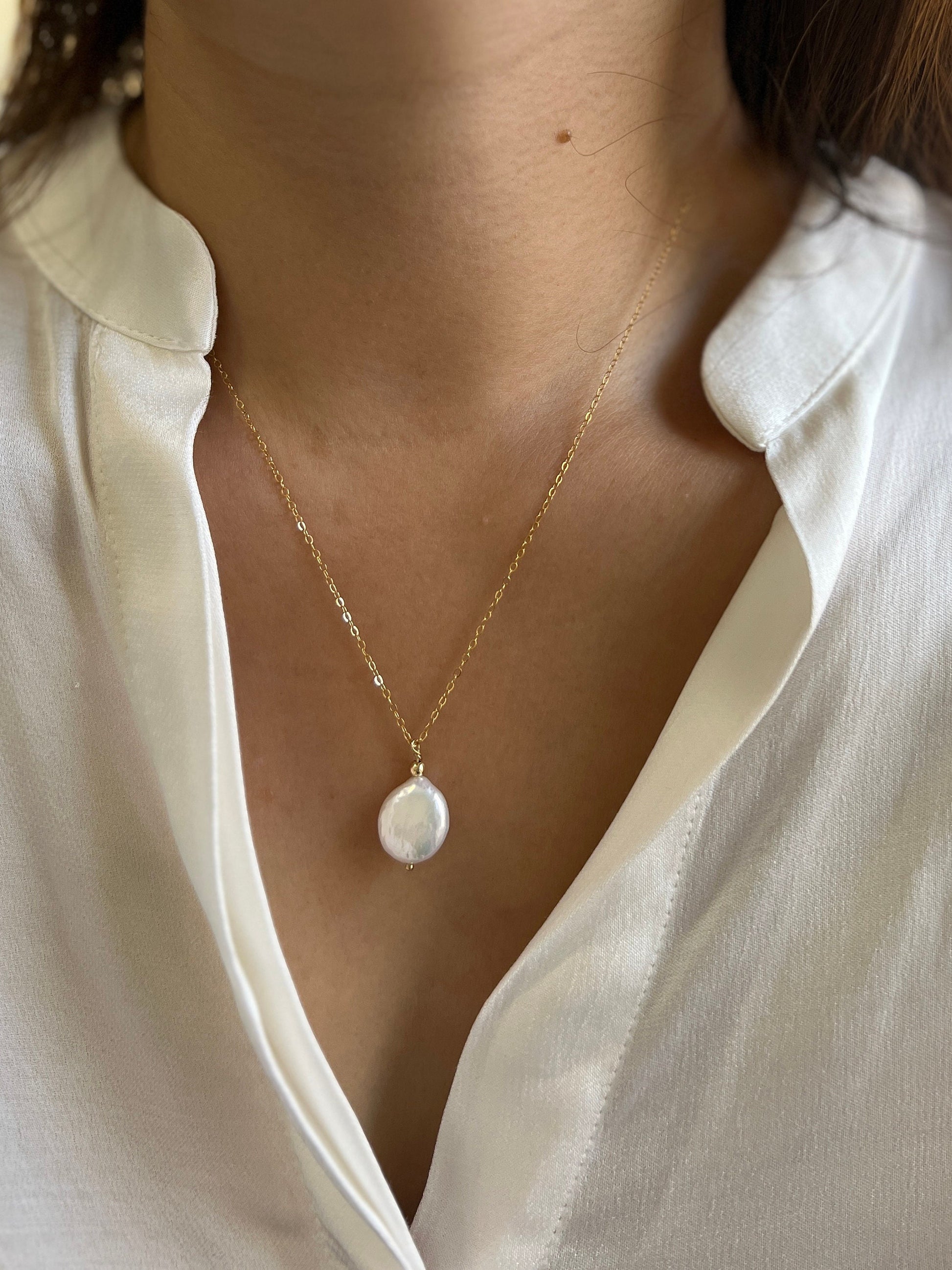 Flat Pearl Necklace, Coin Pearl Pendant Necklace, Single Pearl Necklace, Natural Fresh Water Pearl Necklace, Gold Filled Wedding Necklace