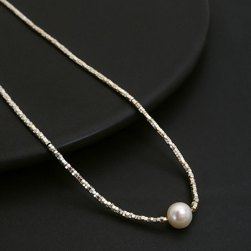 S925 Silver Necklace with a Single Pearl, Freshwater Pearl Necklace, Beaded Silver Cubes Necklace, Sparkling Necklace, Shinning Necklace