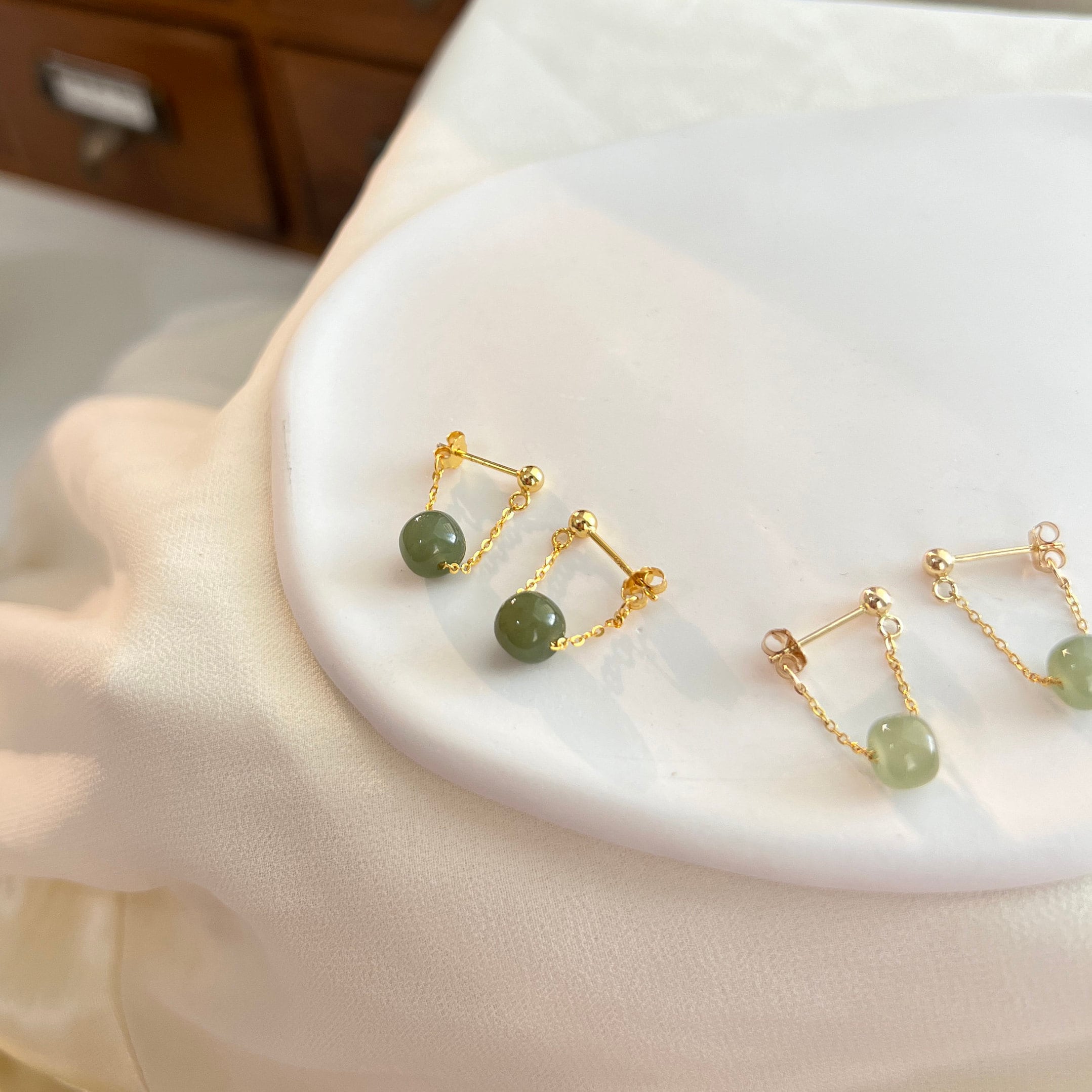 GIA Natural Jadeite Jade Mottled Green Diamond 18K Yellow Gold Post Earrings  - Diamond Guy Hawaii