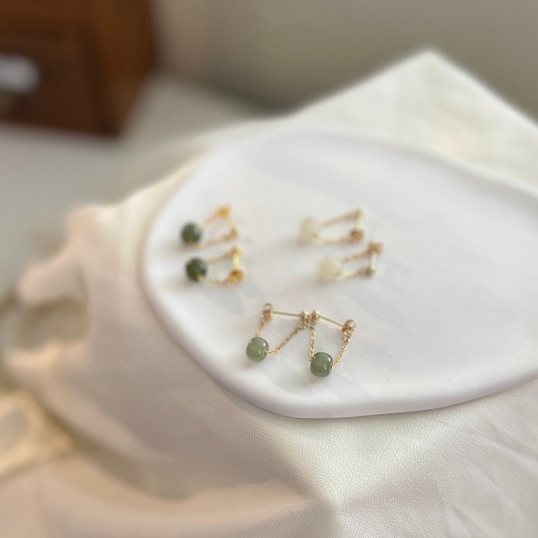 Natural Hetian Jade Drop Earrings, Light Green Jade Earring, Gold Filled Jade Earring, White Jade Dangle Earrings, Jade tassel earrings