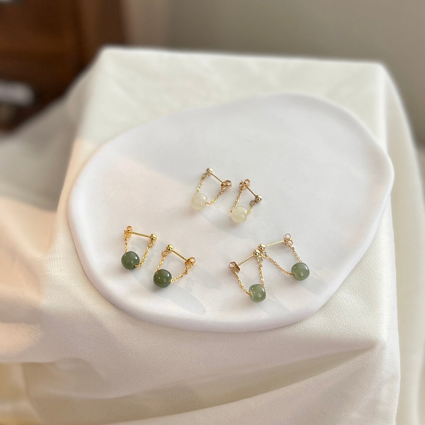 Natural Hetian Jade Drop Earrings, Light Green Jade Earring, Gold Filled Jade Earring, White Jade Dangle Earrings, Jade tassel earrings