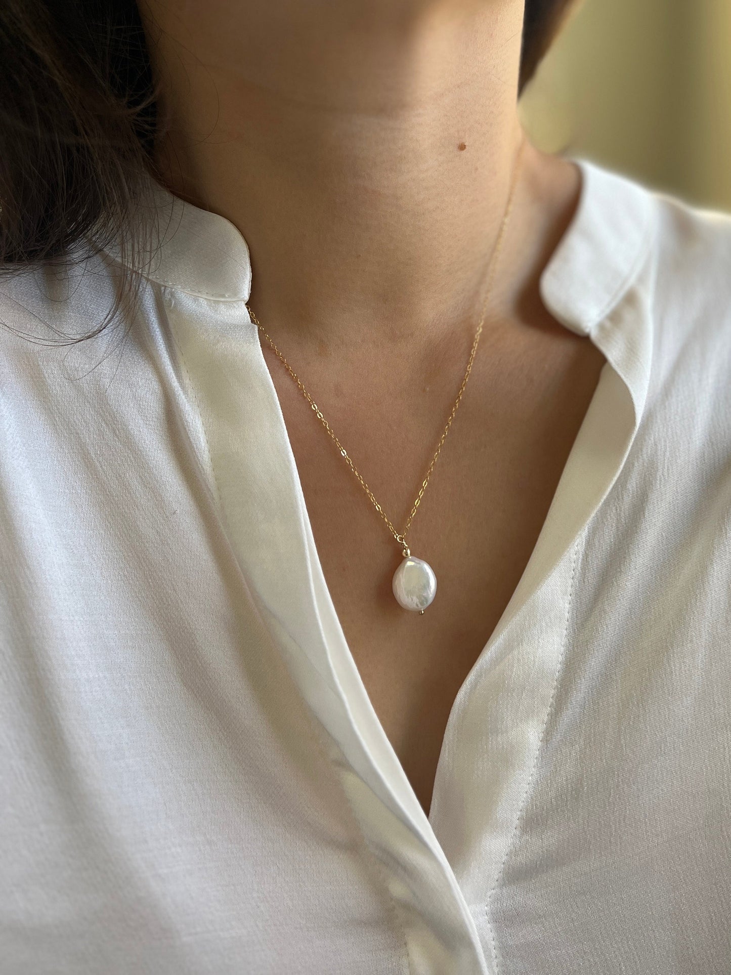 Flat Pearl Necklace, Coin Pearl Pendant Necklace, Single Pearl Necklace, Natural Fresh Water Pearl Necklace, Gold Filled Wedding Necklace