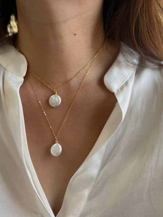 Flat Pearl Necklace, Coin Pearl Pendant Necklace, Single Pearl Necklace, Natural Fresh Water Pearl Necklace, Gold Filled Wedding Necklace