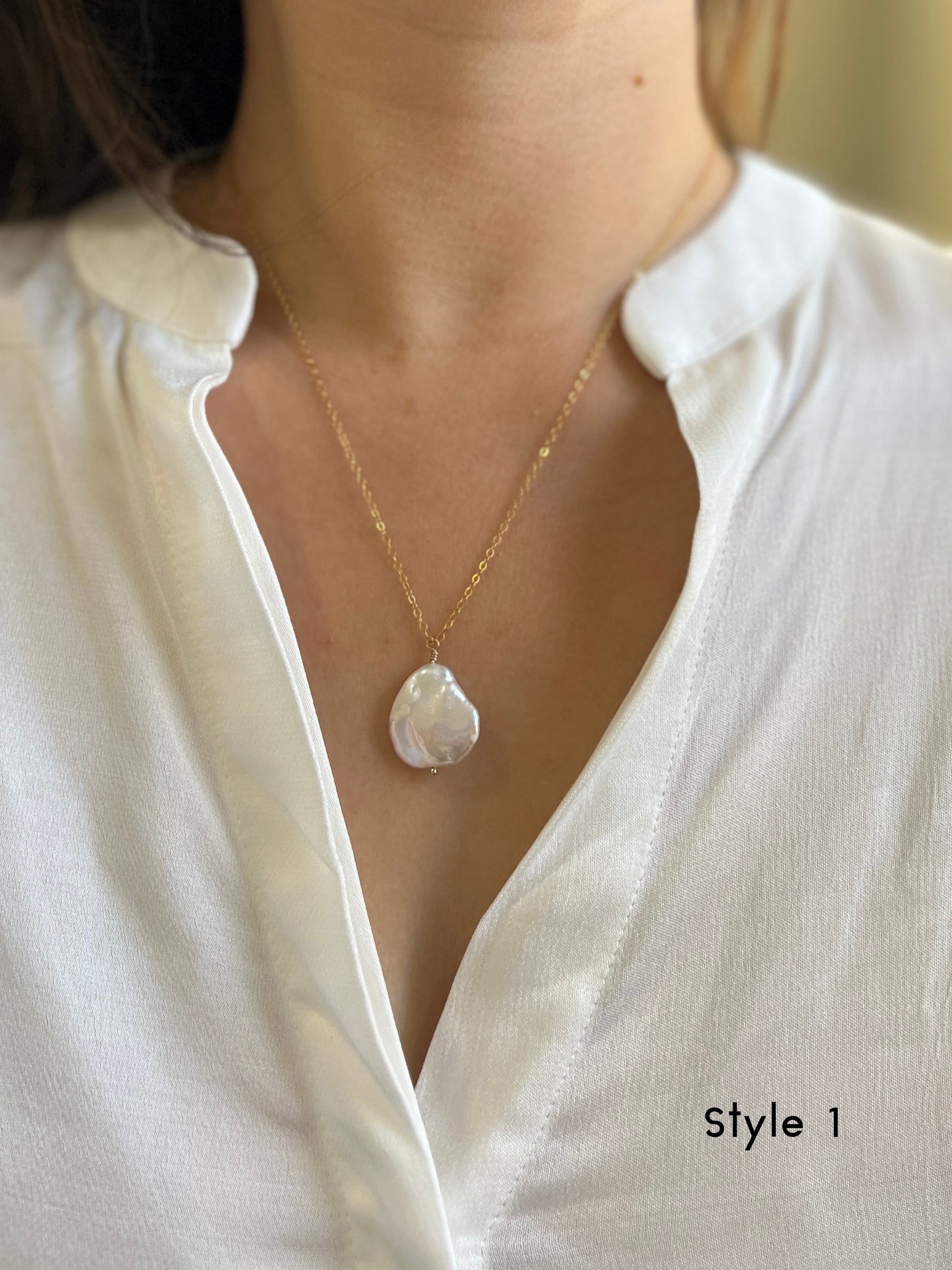 Flower Petal Pearl Pendant, Flat Pearl Necklace, FreshWater Pearl Necklace, 14K Gold Filled Dainty Chain, Wedding Baroque Pearl Necklace