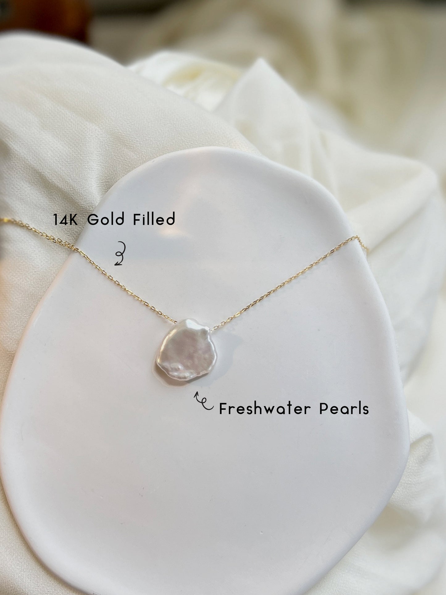 Flower Petal Pearl Pendant, Flat Pearl Necklace, FreshWater Pearl Necklace, 14K Gold Filled Dainty Chain, Wedding Baroque Pearl Necklace