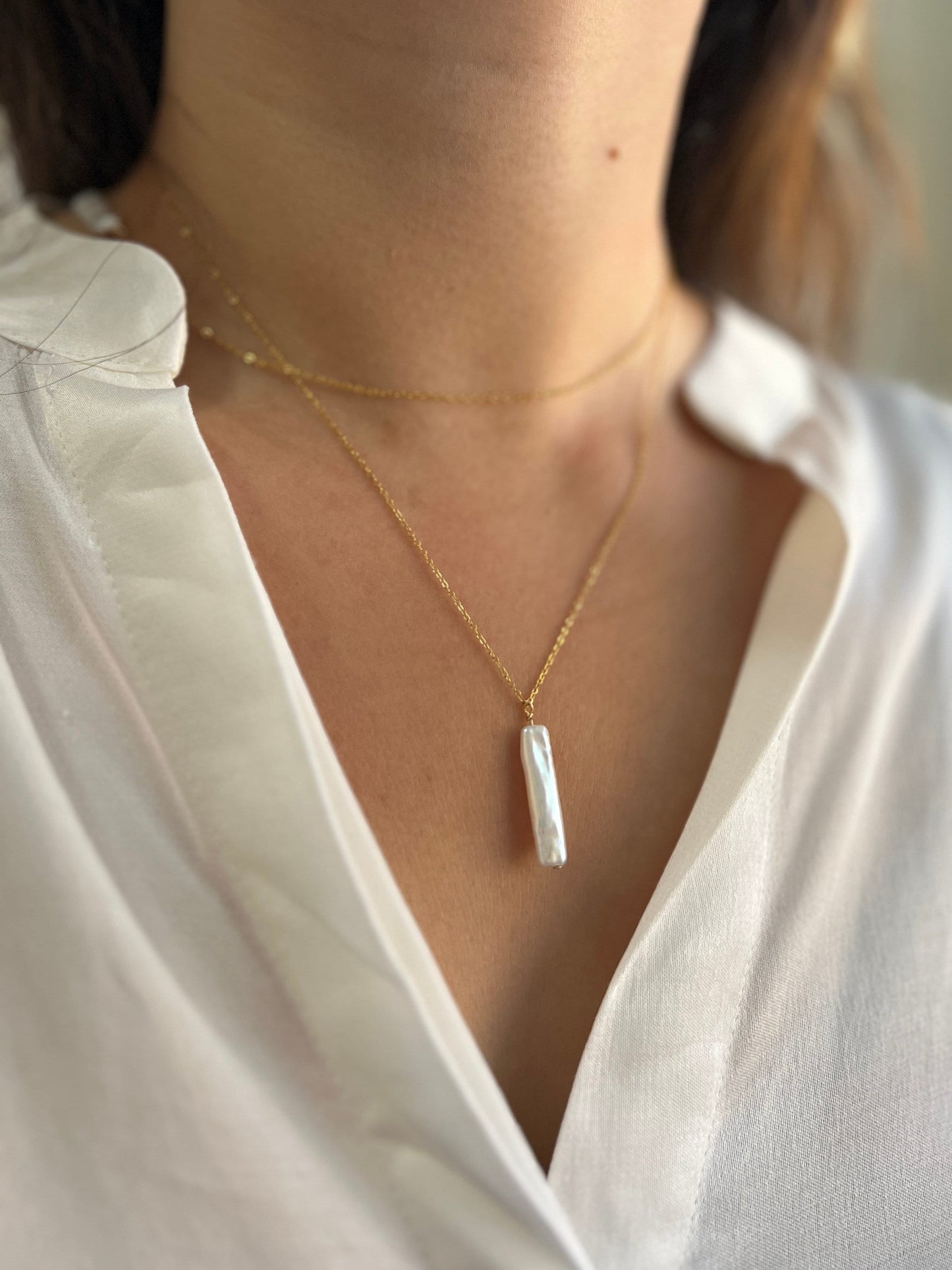 Pearl Bar Pendant Necklace, FreshWater Pearl Necklace, Minimalist Bar Pearl Necklace, 14K Gold Filled Dainty Chain, Wedding Pearl Necklace