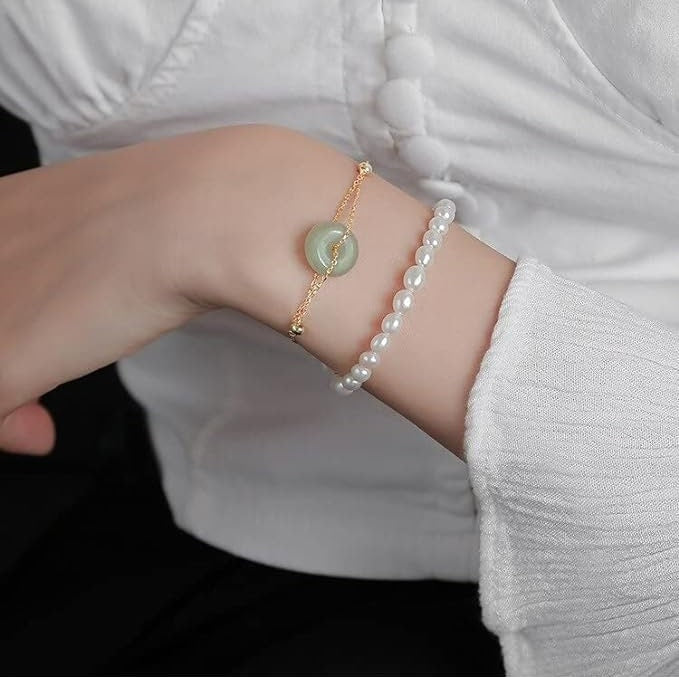 Natural Hetian Jade Bracelet, Donut Jade Bracelet, Green Gemstone Charm Bracelet, Lucky Donut Nephrite Bracelet, Gold Green Pendant Bracelet