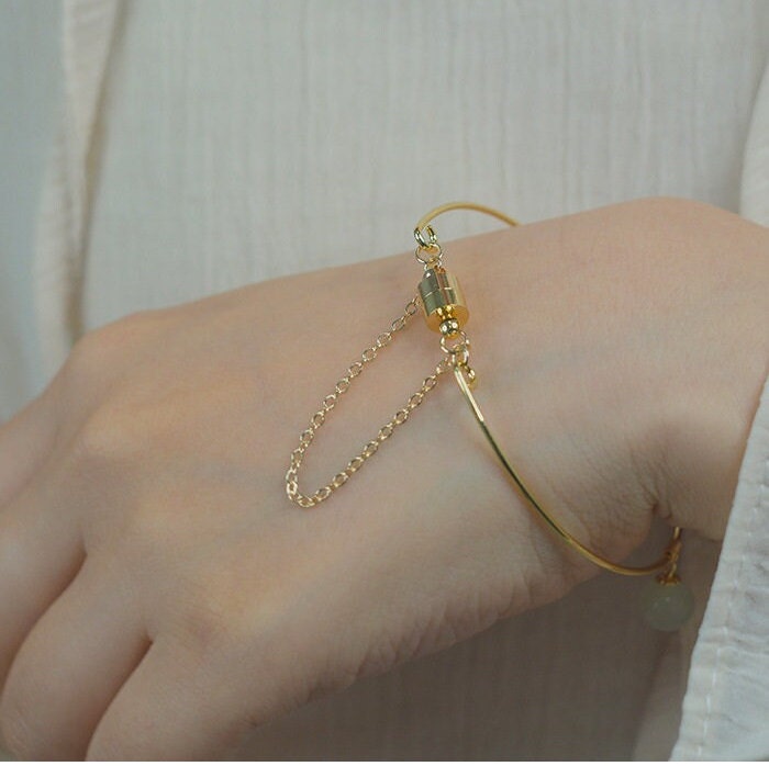 Minimalist Gold Bangle with One Drop Jade bead, Light Green Hetian Jade Bracelet with Magnetic clasp