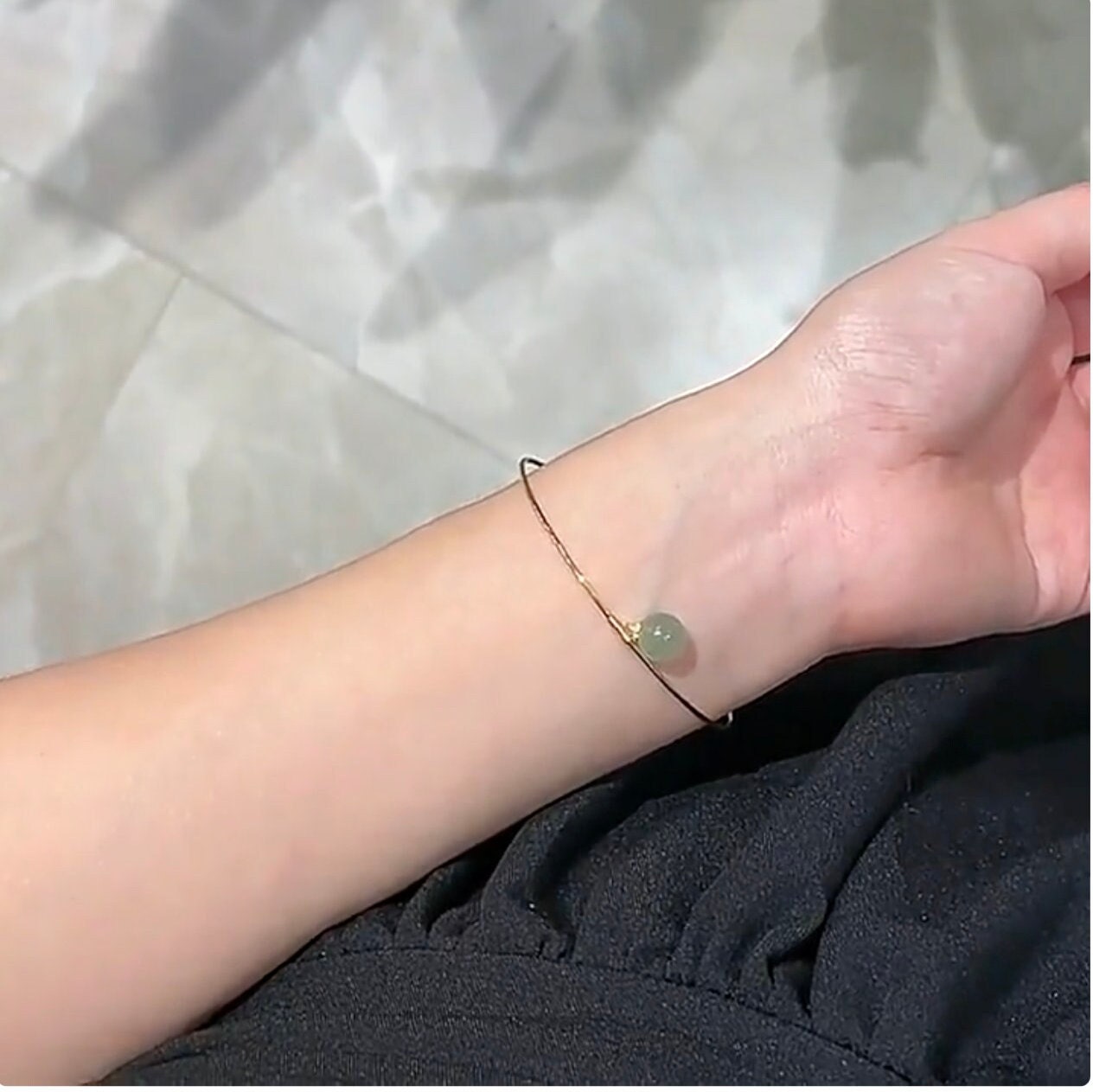 Minimalist Gold Bangle with One Drop Jade bead, Light Green Hetian Jade Bracelet with Magnetic clasp