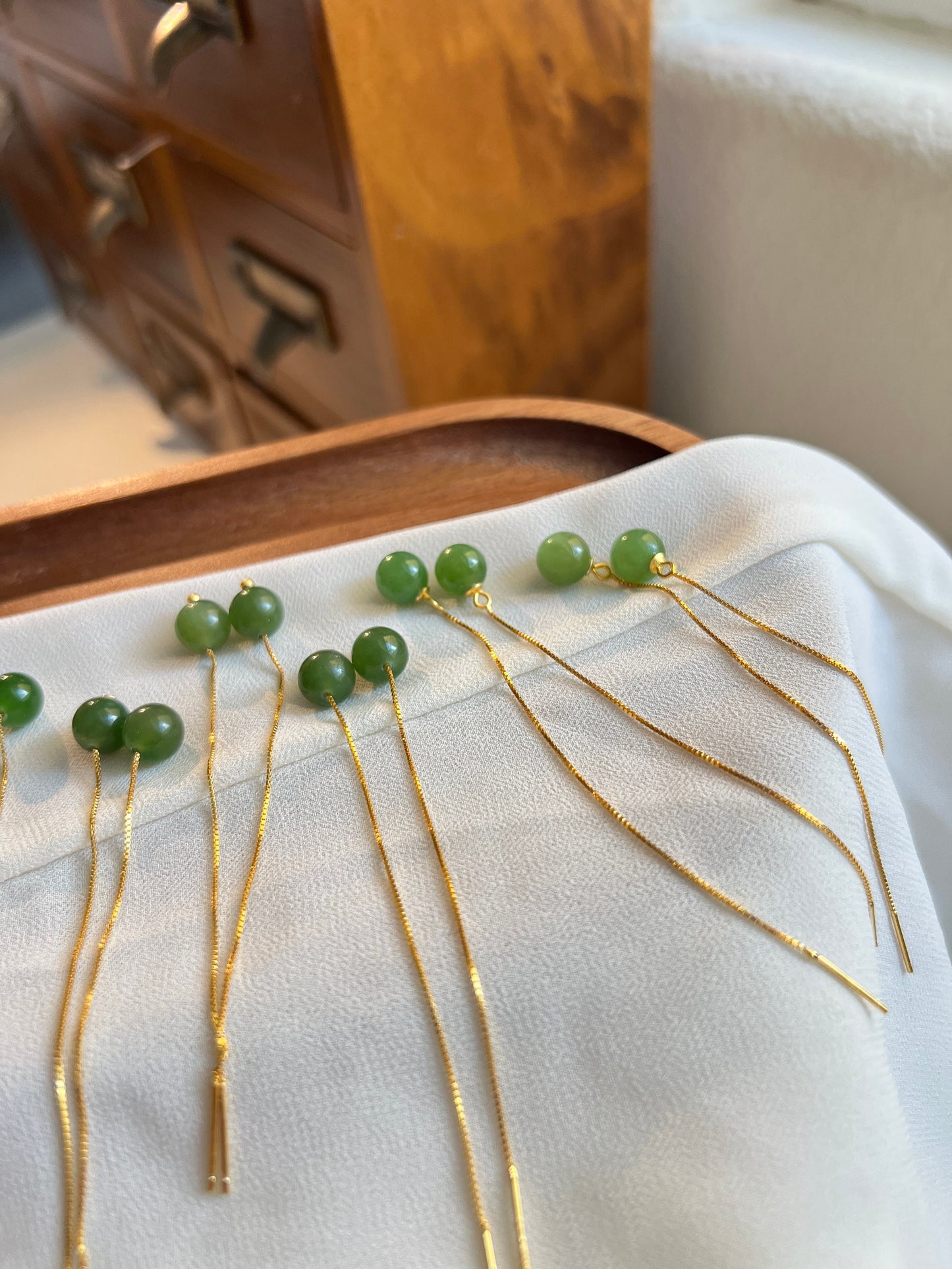 Natural Jade Long Drop Earrings, Very Green Natural Jade Bead Drop Earrings, Genuine Nephrite Beads Tassel Earrings, Jade Long Threader