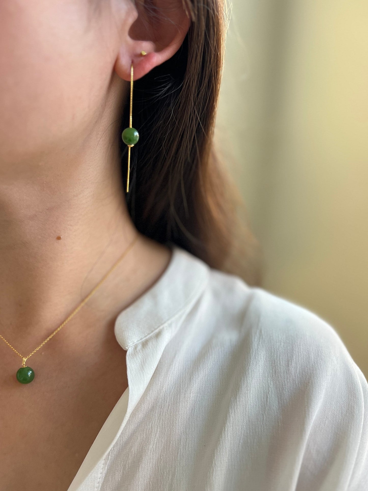 Natural Jade Long Drop Earrings, Very Green Natural Jade Bead Drop Earrings, Genuine Nephrite Beads Tassel Earrings, Jade Long Threader