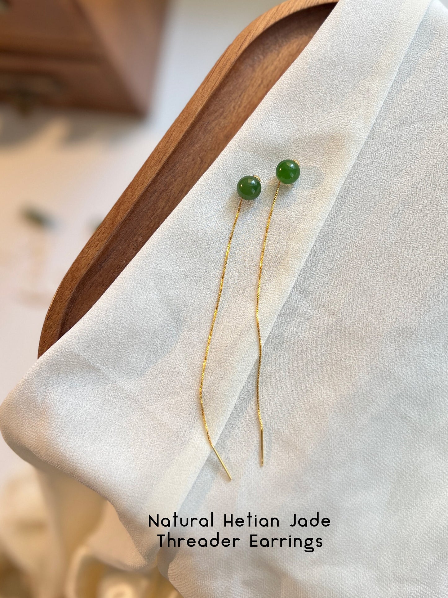 Natural Jade Long Drop Earrings, Very Green Natural Jade Bead Drop Earrings, Genuine Nephrite Beads Tassel Earrings, Jade Long Threader