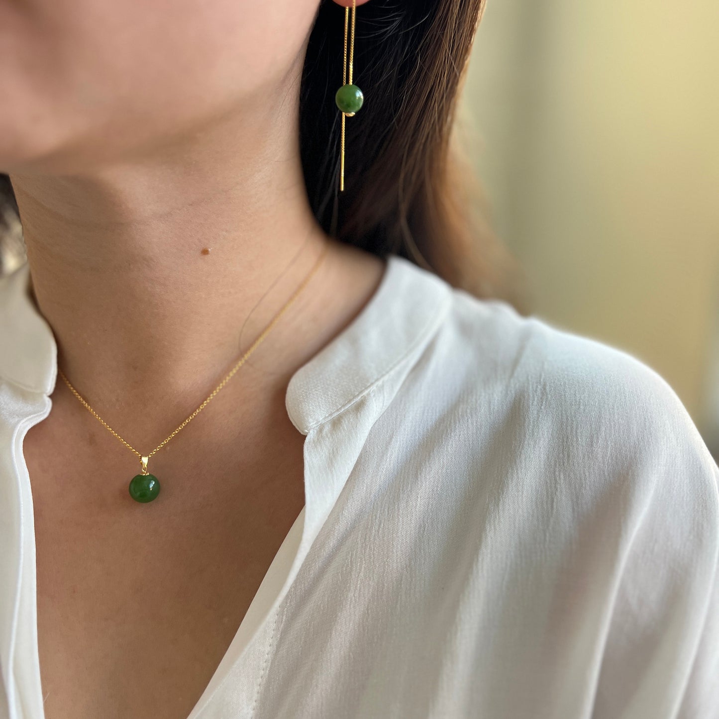 Natural Jade Pendant, 18K Gold Cap and Hoop inlaid Jade, Dainty Jade Necklace, Tiny Jade Hetian Jade Pendant, Dainty Gold Filled Chain