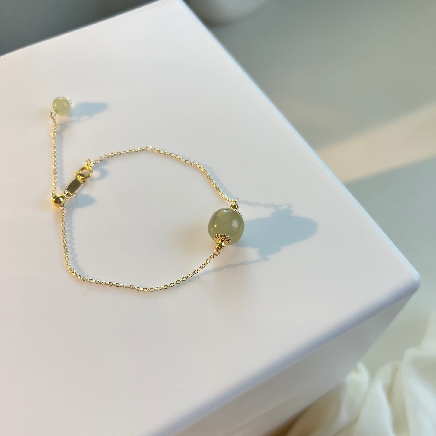 Natural Hetian Jade Bracelet, Minimalist Bracelet, Lucky Nephrite Bracelet, Single Bead Bracelet with Dainty Chain and a Small Gree Charm